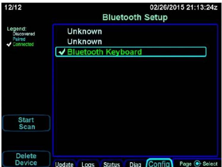 12/12 02/26/2015 21:13:24z Bluetooth Setup Legend: Discovered Paired ✓ Connected Unknown Unknown ✓ Bluetooth Keyboard Start Scan Delete Device Update Logs Status Diag Config Page Select