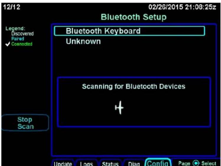 12/12 02/26/2015 21:08:25z Bluetooth Setup Bluetooth Keyboard Unknown Scanning for Bluetooth Devices + Stop Scan Update Logs Status Diag Config Page Select