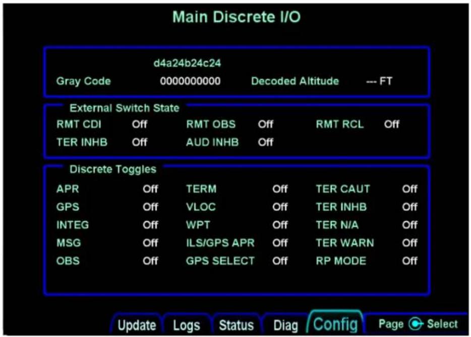 Main Discrete I/O d4a24b24c24 Gray Code 0000000000 Decoded Altitude --- FT External Switch State RMT CDI Off RMT OBS Off RMT RCL Off TER INHB Off AUD INHB Off Discrete Toggles APR Off TERM Off TER CAUT Off GPS Off VLOC Off TER INHB Off INTEG Off WPT Off TER N/A Off MSG Off ILS/GPS APR Off TER WARN Off OBS Off GPS SELECT Off RP MODE Off Update Logs Status Diag Config Page Select