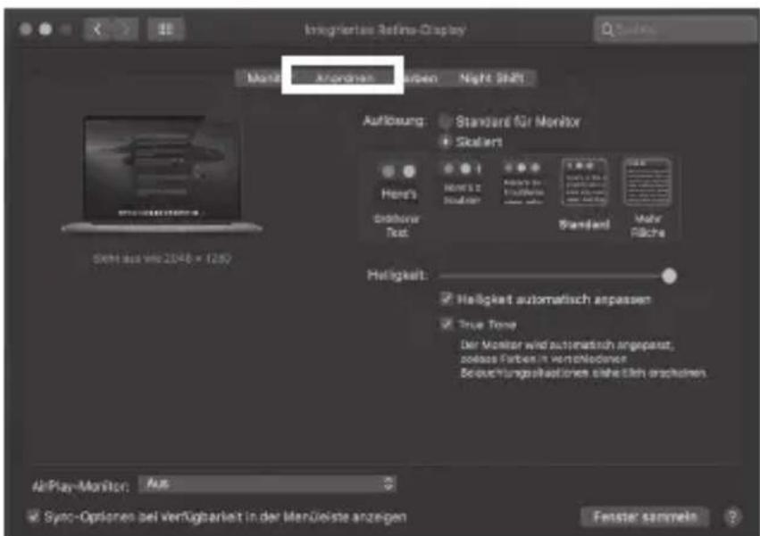 Integriertes Refina Display Monta Angröhen Erben Night Shift Aufbauung: Standard für Monitor Skaliert Here's durchbar Text Standard Mehr Flüche Helligkeit: Helligkeit automatisch anpassen True Tone Der Monitor wird automatisch angepasst, sofern Farben in verschiedener Beuchungssplattungen einheitlich eracheten. AirPlay-Monitor Aus Sync-Options bei verfügbarität in der Menüelste anzeigen Fenster sammeln