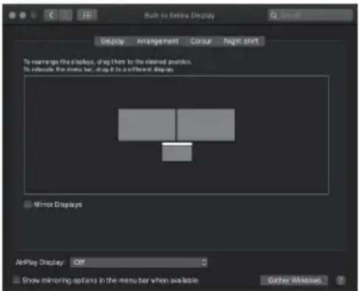 Built-In Retina Display Display Arrangement Cancel Night shift To rearrange the displays, drag them to the desired position. To reiterate the menu bar, drag it to a different display Mirror Displays AirPlay Display: Off Show mirroring options in the menu bar when available Other Windows