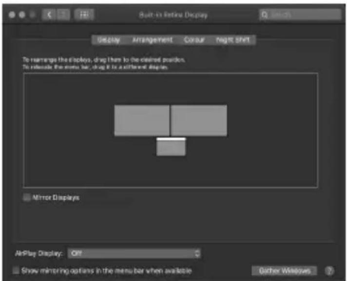 Built-in Retina Display Display Arrangement Courour Night shift To rearrange the displays, drag them to the desired position. To release the menu bar, drag it to a different display Mirror Displays AirPlay Display: OFF Show mirroring options in the menu bar when available Other Names
