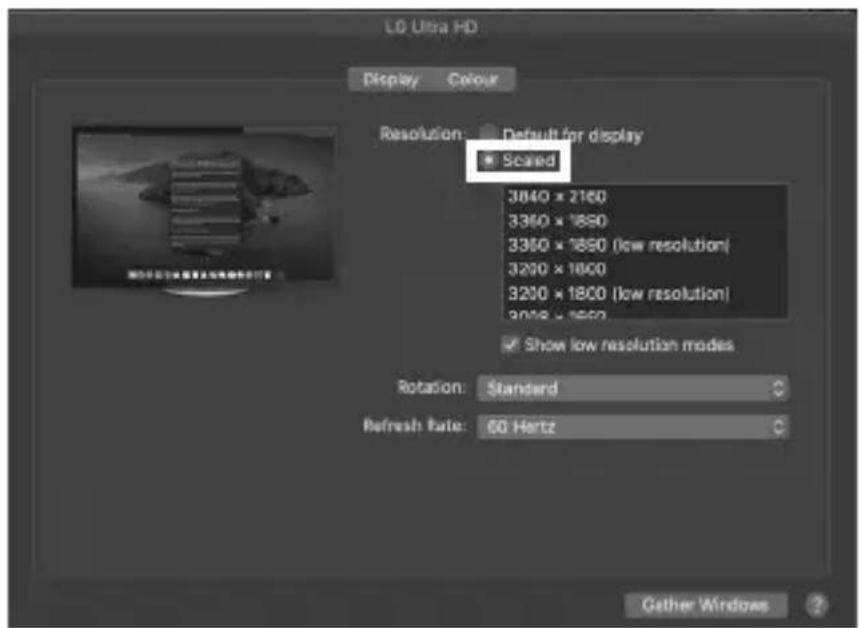 L0 Ultra HD Display Colour Resolution: Default for display Scaled 3840 × 2160 3350 × 1890 3360 × 1890 (low resolution) 3200 × 1800 3200 × 1800 (low resolution) 2010 × 1800 Show low resolution modes Rotation: Standard Refresh Rate: 60 Hertz Gather Windows ?