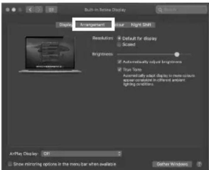 Built-in Series Display Display Arrangement Colour Night Shift Resolution Default for display Scaled Brightness Automatically adjust brightness True Tone Automatically select display to make colours appear correlative in different ambient lighting conditions. AirPlay Display: Off Show mirroring options in the menu bar when available Other Windows