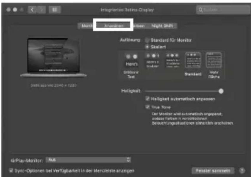 Integlerios Retina Display Mand: Antennaen Rosen: Night Shift Aufbauung: Standard für Monitor Skaufert Hand's Ordnauer Text Name's 2 Forder Standard Mehr Flüche Helligkeit: Helligkeit automatisch anpassen True Tone Der Monitor wird automatisch angepasst, sofern Farben in verschiedener. Beleuchungsallozionen einheitlich erachinen. AirPlay-Monition: Aus Synto-Optionen bei verfügbariert in der Menüelste anzeigen Fenster sammeln