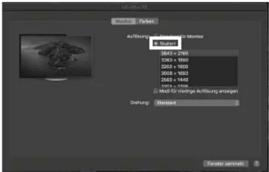 US Ultra HD Monitor Farbes Aufkösung: 1000000000000000000000000000000000000000000000000000000000000000000000000000 Skulbert 3640 x 2160 3360 x 1890 3260 x 1800 3068 x 1692 2565 x 1440 1764 x 1328 Modi für niedrige Aufkösung anzigen Dreitung: Standard Forder semmln