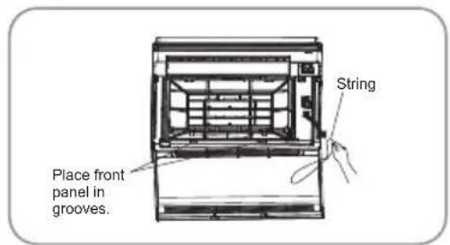 Place front panel in grooves. String