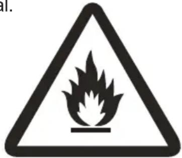 Warning sign depicting a flame symbol in a triangular frame, indicating hazardous substances.