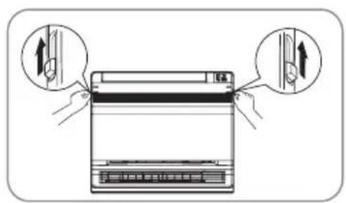 Diagram showing a device with two hands holding a cable, one pointing up and the other down, illustrating a mechanical or electrical component assembly.