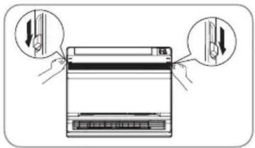 Diagram showing hand positioning of a rack-mounted air conditioner unit with two circular arrows indicating directional changes.