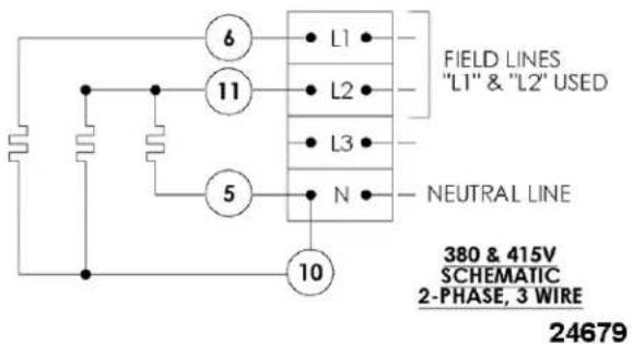 6 L1 FIELD LINES "L1" & "L2" USED 11 L2 L3 5 N NEUTRAL LINE 10 380 & 415V SCHEMATIC 2-PHASE, 3 WIRE 24679