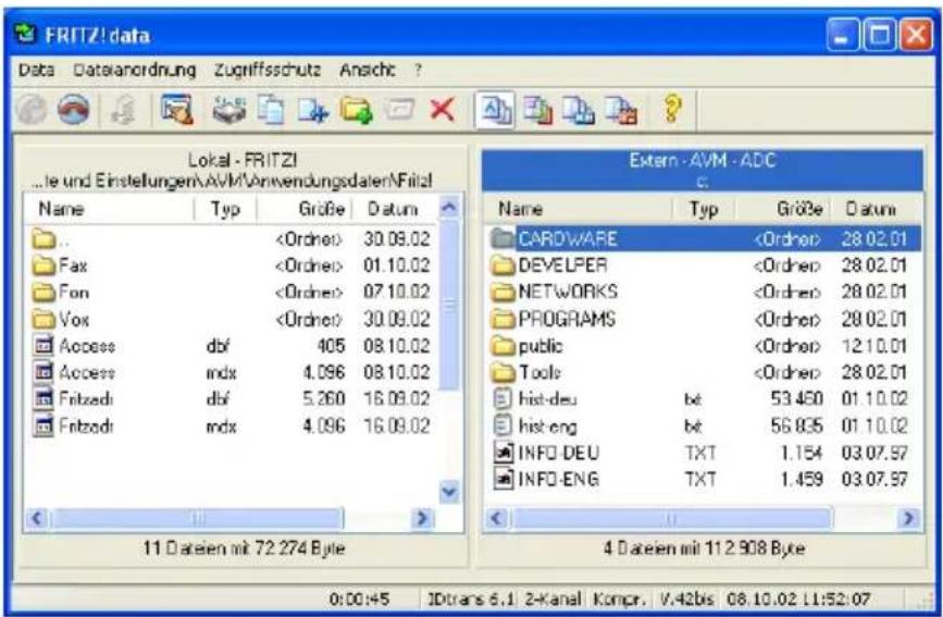 FRITZ!data Data Date:anordnung Zugriffsschutz Ansicht ? Lokal - FRITZI ...le und Einstellungen\\AVM\\Anwendungsdaten\\Filiall Name Typ GröBe Datum . . 30.09.02 Fax 01.10.02 Fon 07.10.02 Vox 30.09.02 Access dbf 405 08.10.02 Access mdx 4.096 08.10.02 Fitzedi dbf 5.260 16.09.02 Fitzodi mdx 4.096 16.09.02 11 Dateien mit 72.274 Byte Extern - AVM - ADC Name Typ GröBe Datum CARDWARE 28.02.01 DEVELOPER 28.02.01 NETWORKS 28.02.01 PROGRAMS 28.02.01 public 12.10.01 Tools 28.02.01 hist-deu bt 53.450 01.10.02 hist-eng bt 56.835 01.10.02 INFO-DEU TXT 1.154 03.07.97 INFO-ENG TXT 1.459 03.07.97 4 Dateien mit 112.908 Byte 0:00:45 IDtrans 6.1 Z-Kanal Kompr. V.42bis 08.10.02 11:52:07
