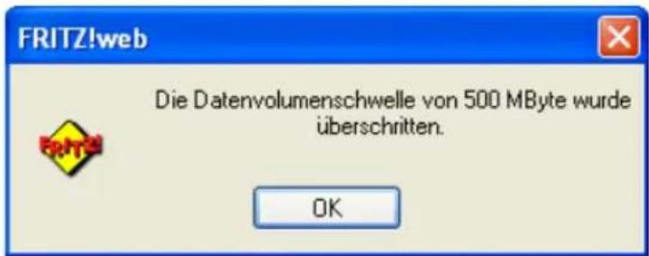FRITZ!web Die Datenvolumenschwelle von 500 MByte wurde überschritten. OK