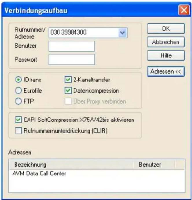 Verbindungsaufbau Rufnummer/ 030 39984300 Adresse Benutzer Passwort IDtrans 2-Kanaltransfer Eurofile Datenkompression FTP Über Proxy verbinden CAPI SoltCompression X75/V42bis aktivieren Rufnummunterdrückung (CLIR) Adressen Bezeichnung Benutzer AVM Data Call Center OK Abbrechen Hilfe Adressen <<
