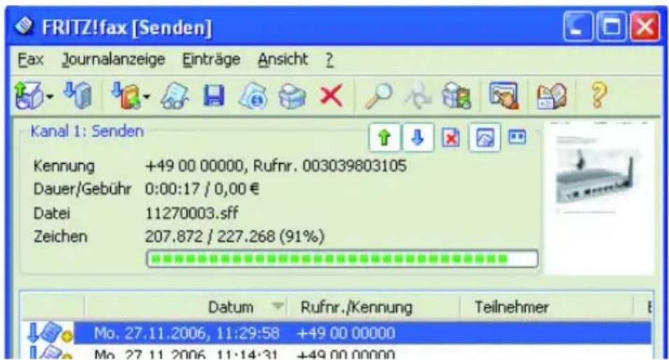 FRITZ!fax [Senden] Fax Journalanzeige Einträge Ansicht ? Kanal 1: Senden Kennung +49 00 00000, Rufnr. 003039803105 Dauer/Gebühr 0:00:17 / 0,00 € Datei 11270003.sff Zeichen 207.872 / 227.268 (91%) Datum Rufnr./Kennung Teilnehmer Mo. 27.11.2006, 11:29:58 +49 00 00000 Mo. 27.11.2006, 11:14:31 +49 00 00000