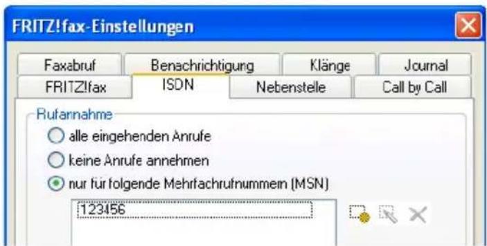 FRITZ!fax-Einstellungen Faxabruf Benachrichtigung Klänge Journal FRITZ!fax ISDN Nebenstelle Call by Call Rufannahme ○ alle eingehenden Anrufe ○ keine Anrufe annehmen ● nur für folgende Mehrfachrufnummern (MSN) 123456