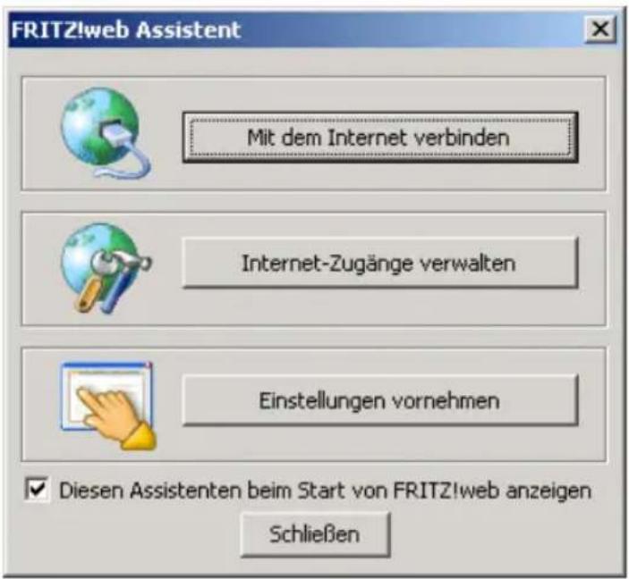 FRITZ!web Assistent Mit dem Internet verbinden Internet-Zugänge verwalten Einstellungen vornehmen ✓ Diesen Assistenten beim Start von FRITZ!web anzeigen Schließen
