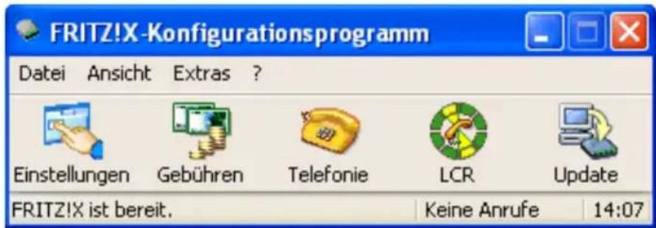 FRITZ!X -Konfigurationsprogramm Datei Ansicht Extras ? Einstellungen Gebühren Telefonie LCR Update FRITZ!X ist bereit. Keine Anrufe 14:07