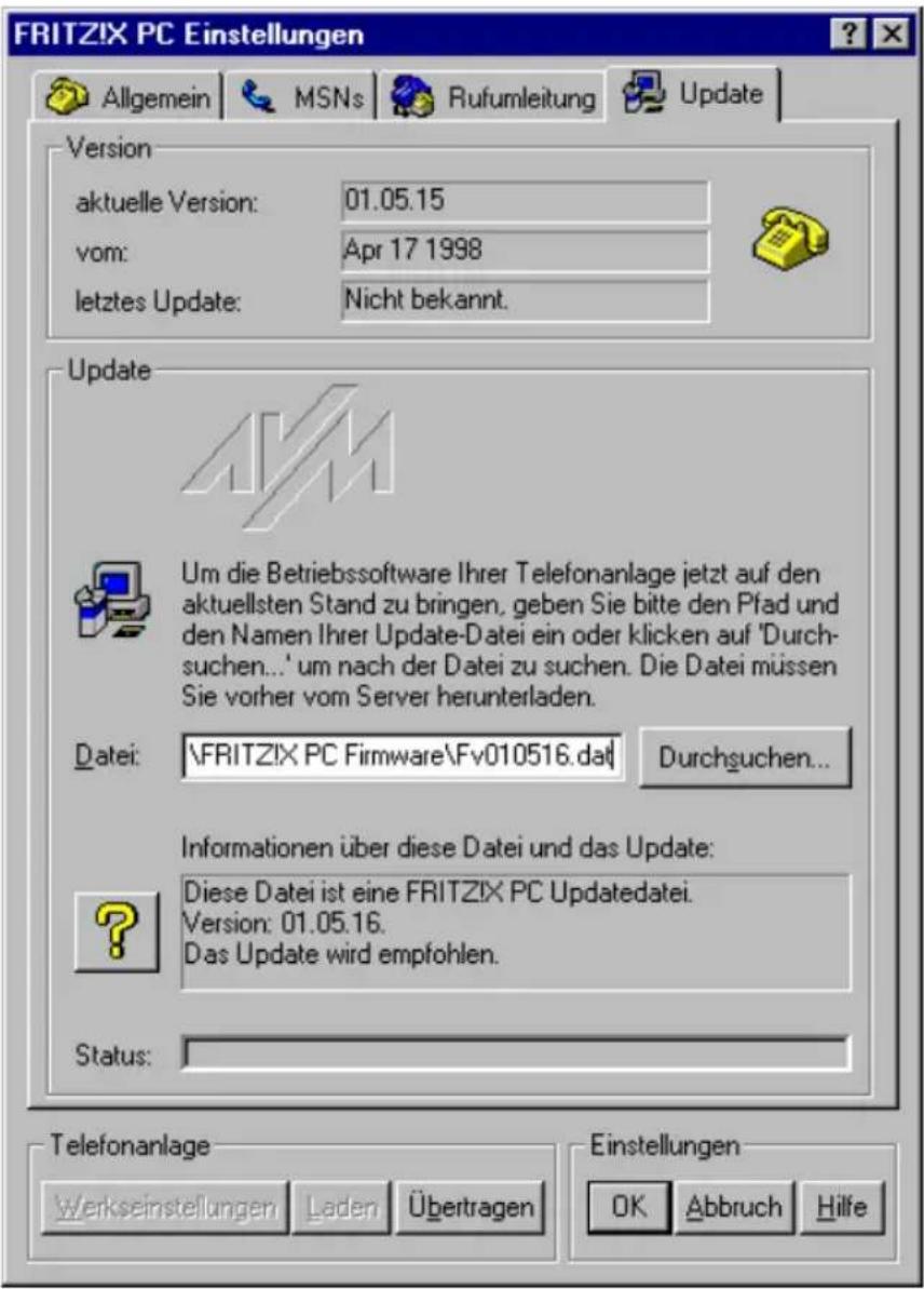 FRITZIX PC Einstellungen Allgemein MSNs Rufumleitung Update Version aktuelle Version: 01.05.15 vom: Apr 17 1998 letztes Update: Nicht bekannt. Update Um die Betriebssoftware Ihrer Telefonanlage jetzt auf den aktuellsten Stand zu bringen, geben Sie bitte den Pfad und den Namen Ihrer Update-Datei ein oder klicken auf 'Durchsuchen...' um nach der Datei zu suchen. Die Datei müssen Sie vorher vom Server herunterladen. Datei: \FRITZIX PC Firmware\Fv010516.dat Durchsuchen... Informationen über diese Datei und das Update: Diese Datei ist eine FRITZIX PC Updatedatei. Version: 01.05.16. Das Update wird empfohlen. Status: Telefonanlage Werkseinstellungen Laden Übertragen Einstellungen OK Abbruch Hilfe