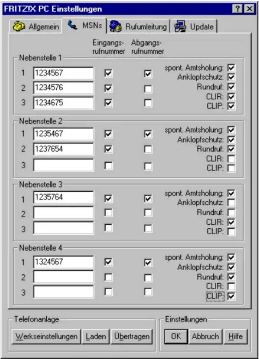 FRITZ!X PC Einstellungen Allgemein MSNs Rufumleitung Update Eingangs- rufnummer Abgangs- rufnummer Nebenstelle 1 1 1234567 ✓ ✓ spont. Amtsholung: ✓ Anklopfschutz: ✓ 2 1234576 ✓ ☐ Rundruf: ✓ 3 1234675 ✓ ☐ CLIR: ✓ CLIP: ✓ Nebenstelle 2 1 1235467 ✓ ✓ spont. Amtsholung: ✓ Anklopfschutz: ✓ 2 1237654 ✓ ☐ Rundruf: ✓ CLIR: ☐ 3 CLIP: ✓ Nebenstelle 3 1 1235764 ✓ ✓ spont. Amtsholung: ✓ Anklopfschutz: ☐ 2 ☐ ☐ Rundruf: ☐ CLIR: ✓ CLIP: ✓ 3 3 3 3 3 Nebenstelle 4 1 1324567 ✓ ✓ spont. Amtsholung: ✓ Anklopfschutz: ✓ 2 ☐ ☐ Rundruf: ✓ CLIR: ☐ CLIP: ✓ Telefonanlage Werkseinstellungen Laden Übertragen Einstellungen OK Abbruch Hilfe