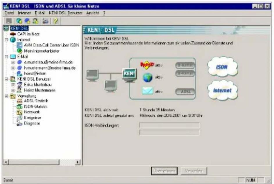 KEN! DSL ISDN und ADSL für kleine Netze Datei Internet E-Mail KEN! DSL Benutzer Ansicht 2 KEN! DSL CAPI im Netz Internet AVM Data Cell Center über ISDN Mein Internetenbeter E-Mail e.mustertrau@meine-fima.de f.mustermann@meine-lima.de heinz@inlan KENI DSL Benutzer Erika Mustertrau Heinz Mustermann Verwaltung ADSL-Statistik ISDN-Statistik Netzwerk Ergebnisse Diagnose KEN! DSL Willkommen bei KEN! DSL Hier finden Sie zusammenfassende Informationen zum aktuellen Zustand der Dienste und Verbindungen. KEN! DSL aktiv akt: 1 Stunde 35 Minuten KEN! DSL zuletzt genutz am: Mitkwoch, den 20.6.2001 um 9.37 Uhr ISDN-Verbindungen: Übernehmen Verwerten Internet