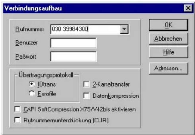 Verbindungsaufbau Rufnummer: 030 39984300 Benutzer Paßwort Übertragungsprotokoll IDtrans Eurofile 2-Kanaltransfer Datenkompression CAPI SoftCompression X75/V42bis aktivieren Rufnummernunterdückung (CLIR) OK Abbrechen Hilfe Adressen...