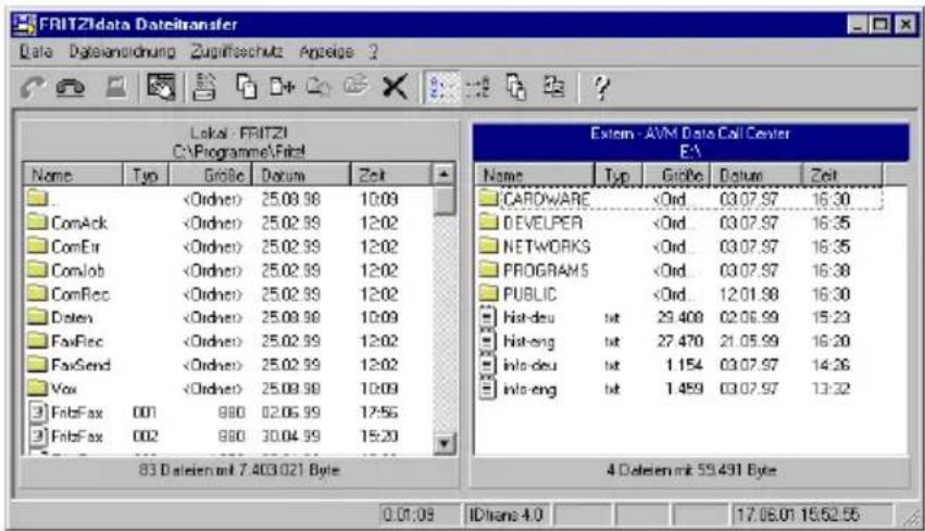 FRITZData DateTransfer Data Digiansordnung Zugliffeschutz Anzeige ? Lokai - FRITZI C:\Programme\Frat Name Typ Große Datum Zeit ComArk 25.08.98 10:00 ComEir 25.02.99 12:02 ComJob 25.02.99 12:02 ComRec 25.02.99 12:02 Daten 25.08.98 10:00 FaxRec 25.02.99 12:02 FaxSend 25.02.99 12:02 Vox 25.08.98 10:00 FabFax 001 980 02.06.99 17:56 FabFax 002 980 30.04.99 15:20 Extem - AVM Data Call Center EA Name Typ Große Datum Zeit CARDWARE