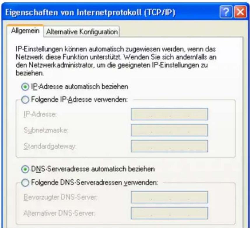 Eigenschaften von Internetprotokoll (TCP/IP) Allgemein Alternative Konfiguration IP-Einstellungen können automatisch zugewiesen werden, wenn das Netzwerk diese Funktion unterstützt. Wenden Sie sich andernfalls an den Netzwerkadministrator, um die geeigneten IP-Einstellungen zu beziehen. IP-Adresse automatisch beziehen Folgende IP-Adresse verwenden: IP-Adresse: Subnetzmaske: Standardgateway: DNS-Serveradresse automatisch beziehen Folgende DNS-Serveradressen verwenden: Bevorzugter DNS-Server: Alternativer DNS-Server: