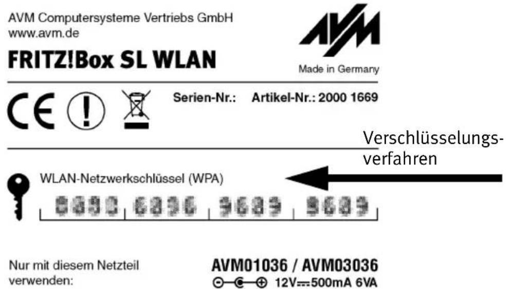 AVM Computersysteme Vertriebs GmbH www.avm.de FRITZ!Box SL WLAN Made in Germany CE ! Serien-Nr.: Artikel-Nr.: 2000 1669 Verschlüsselungs- verfahren WLAN-Netzwerkschlüssel (WPA) Nur mit diesem Netzteil verwenden: AVM01036 / AVM03036 ©—€—⊕ 12V---500mA 6VA