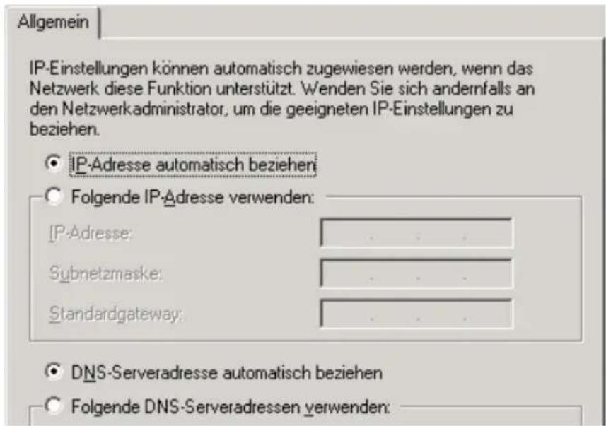 Allgemein IP-Einstellungen können automatisch zugewiesen werden, wenn das Netzwerk diese Funktion unterstützt. Wenden Sie sich andernfalls an den Netzwerkadministrator, um die geeigneten IP-Einstellungen zu beziehen. IP-Adresse automatisch beziehen Folgende IP-Adresse verwenden: IP-Adresse: Subnetzmaske: Standardgateway: DNS-Serveradresse automatisch beziehen Folgende DNS-Serveradressen verwenden: