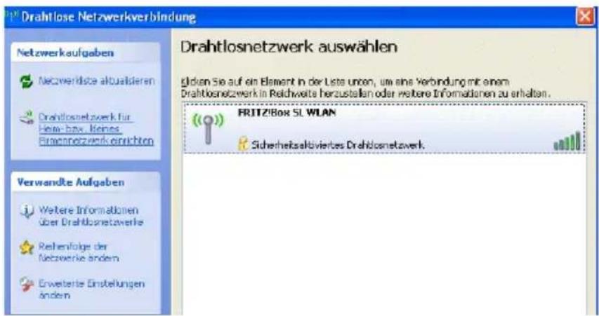 Drahtlose Netzwerkverbindung Netzwerkaufgaben Necwidende aktualdieren Drahtlosnetzwerk für How-bias,liches Einzelnetzwerk einrichten Drahtlosnetzwerk auswählen Given Sie auf ein Element in der Liste unten, um eine Verbindung mit einem Drahtlosnetzwerk in Reichweite herzustallen oder weitere Informationen zu erhalten. FRITZ!Box SL WLAN Sicherheitskäviertes Drahtlosnetzwerk. Verwandte Aufgaben Weitere Informationen über Drahtlosnetzwerke Rehenfolge der Netzwerke andersn Erweitere Einstellungen ändern