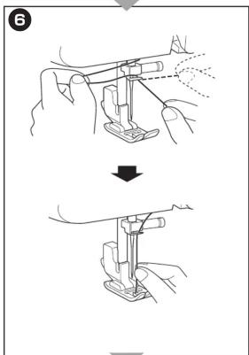 Technical diagram showing two-step sewing process: hand positioning and cutting with a sewing machine