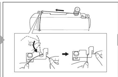 Technical diagram showing mechanical assembly steps with labeled components and directional arrows