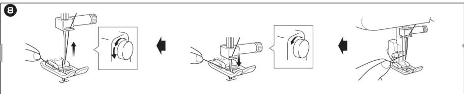 Diagram illustrating the step-by-step procedure for sewing machine tool, showing how to press or adjust a circular component.