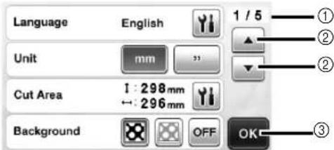 Language English 1 / 5 Unit mm " Cut Area 1 : 298 mm ←: 296 mm Background OFF OK ③