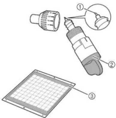 Diagram showing three labeled components of a battery or sensor assembly: plug, screwdriver, and grid substrate.
