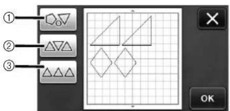 Software interface panel with geometric shapes and selection buttons, showing a grid of shapes and control buttons.