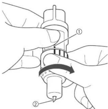 Technical diagram showing hands operating a mechanical device with labeled parts ① and ②