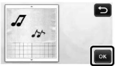 Digital interface showing musical notes and a grid, with OK button and download icon