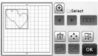 Screenshot of a graphic design interface showing a heart-shaped selection tool with selection options and a grid canvas.