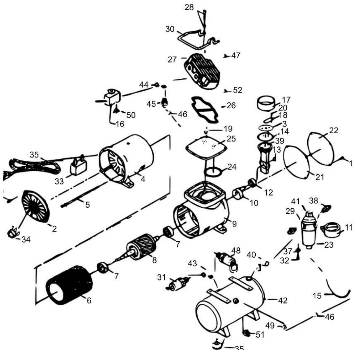 Exploded view diagram of a mechanical assembly with numbered components and labeled parts