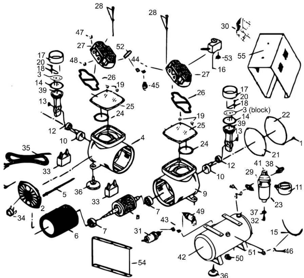 Exploded diagram of a device with numbered components and labeled parts, including zoomed-in parts like 55 blocks and 46 units.
