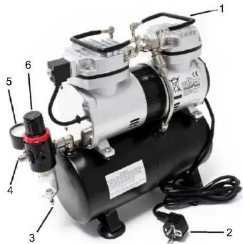 Labeled diagram of an air compressor with numbered parts for identification