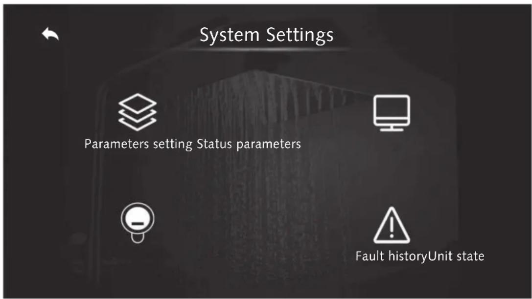 System Settings Parameters setting Status parameters Fault historyUnit state