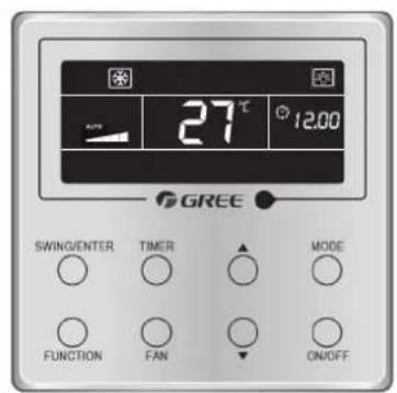 27°C 12.00 GREE SWING/ENTER TIMER MODE FUNCTION FAN ON/OFF