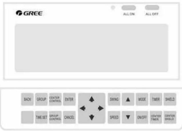 GREE ALL ON ALL OFF BACK GROUP CENTER CONTROL ENTER TIME SET GROUP CONTROL CANCEL SWING ▲ MODE TIMER SHIELD SPEED ON/OFF CENTER TIMER CENTER SHIELD