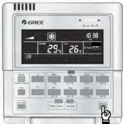 GREE AC on/All off 10.38 29°C 26°C P-ALL 20073 Made Mati Wind Thru Confirmed/Correct Fan 1/9 2/10 3/11 4/12 Hi Sat Sun 5/13 6/14 10/15 8/16 Outload Timer Time Cycles Hand