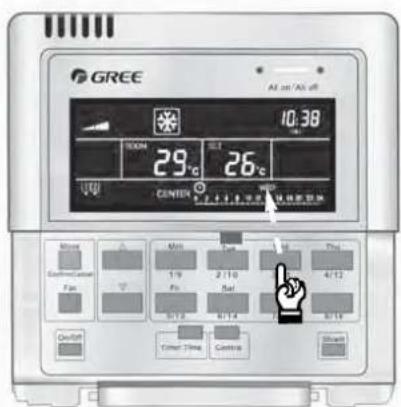 GREE 10:38 29°C 26°C CENTER Air vent/Alt vent Min Max Time 1/9 2/10 4/12 Fus Fus Sat 5/12 6/14 6/19 Quick Timer Time Controls Stand