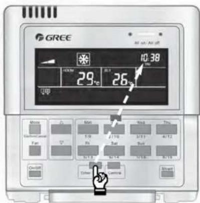 GREE 10:38 29°C 26°C Air on Air off More Min Max Thy Gas/Cond. Level Fan 1:9 2:10 3:31 4:12 Ft Sat Sun 5:13 6:14 7:15 8:15 Control Shant