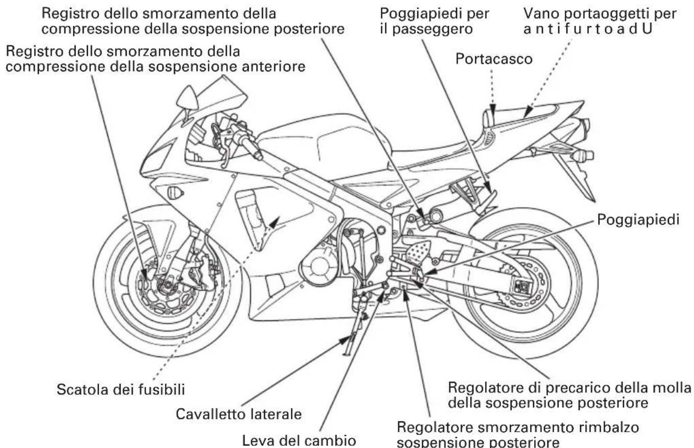 Registro dello smorzamento della compressione della sospensione posteriore Registro dello smorzamento della compressione della sospensione anteriore Scatola dei fusibili Cavalletto laterale Leva del cambio Poggiapiedi per il passeggero Portacasco Vano portaoggetti per antifurto ad U Poggiapiedi Regolatore di precarico della molla della sospensione posteriore Regolatore smorzamento rimbalzo sospensione posteriore